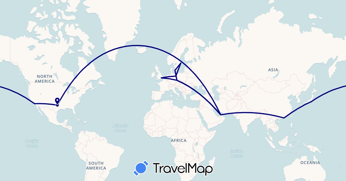 TravelMap itinerary: driving in United Arab Emirates, China, Czech Republic, Germany, Denmark, United Kingdom, Japan, Sweden, United States (Asia, Europe, North America)